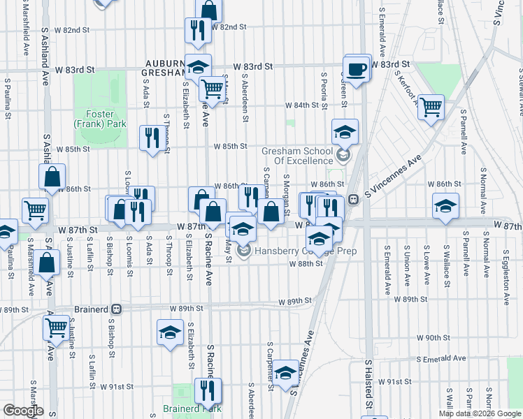 map of restaurants, bars, coffee shops, grocery stores, and more near 1024 West 87th Street in Chicago