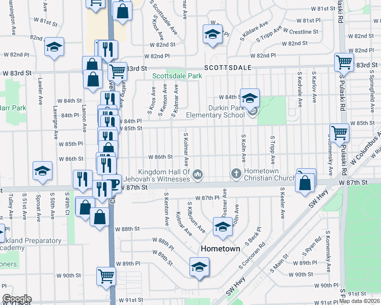 map of restaurants, bars, coffee shops, grocery stores, and more near 8614 South Kolmar Avenue in Chicago