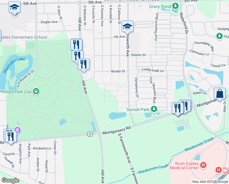 map of restaurants, bars, coffee shops, grocery stores, and more near 1050 Celebration Drive in Aurora