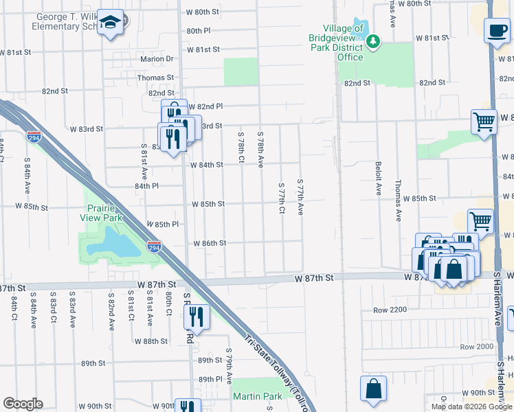 map of restaurants, bars, coffee shops, grocery stores, and more near 8519 South 78th Court in Justice