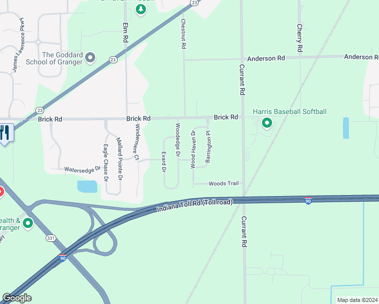 map of restaurants, bars, coffee shops, grocery stores, and more near 52157 Wood Haven Drive in Granger