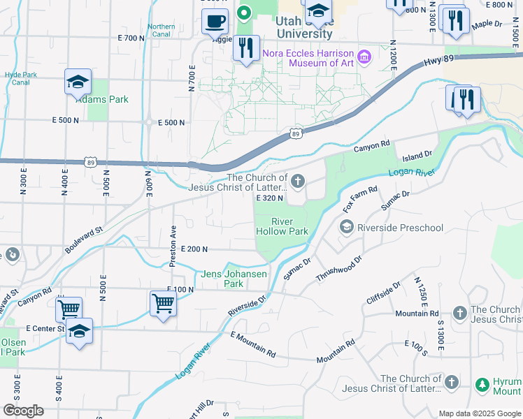 map of restaurants, bars, coffee shops, grocery stores, and more near 82 Crockett Avenue in Logan