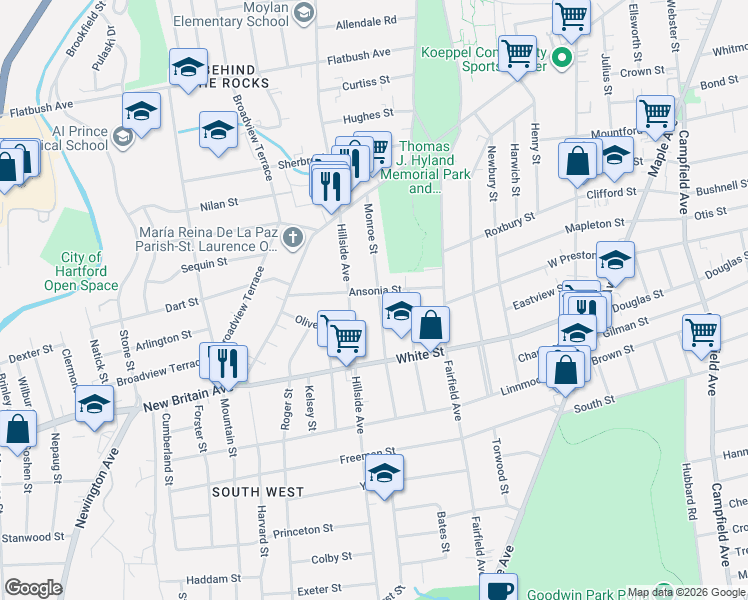map of restaurants, bars, coffee shops, grocery stores, and more near 142 Monroe Street in Hartford