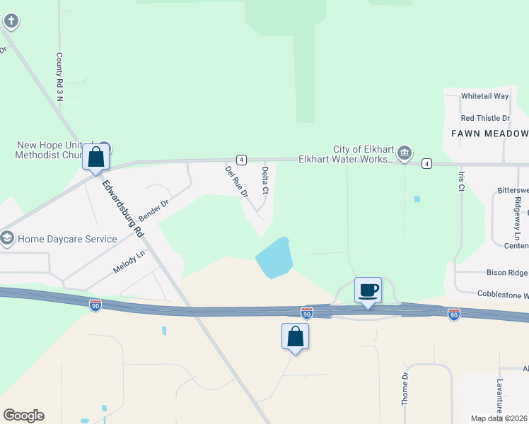 map of restaurants, bars, coffee shops, grocery stores, and more near 52299 Del Rue Drive in Elkhart