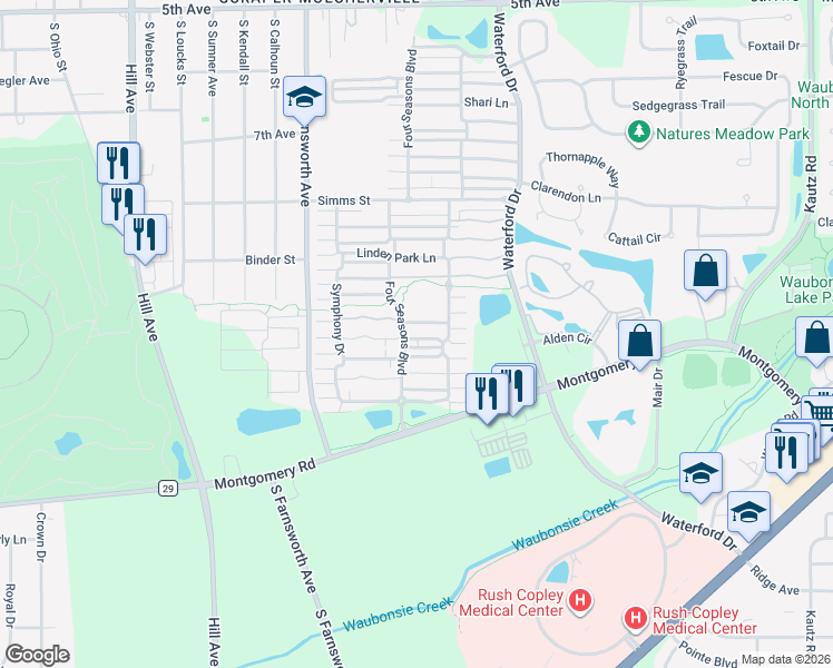 map of restaurants, bars, coffee shops, grocery stores, and more near 984 Four Seasons Boulevard in Aurora