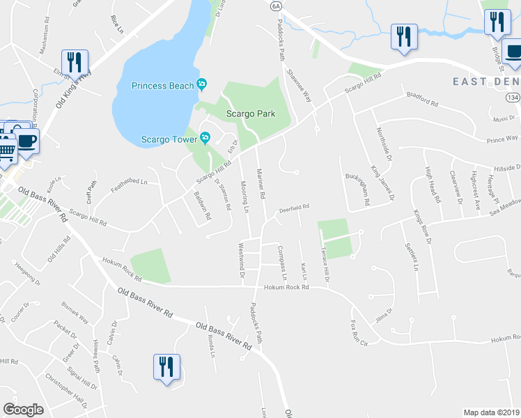 map of restaurants, bars, coffee shops, grocery stores, and more near 51 Mariner Road in Dennis