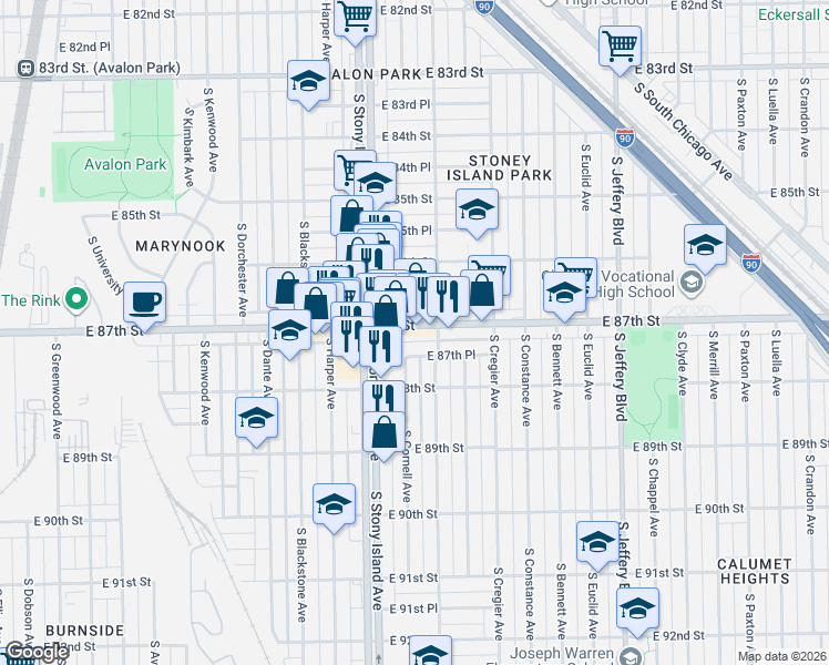 map of restaurants, bars, coffee shops, grocery stores, and more near 1639 East 87th Street in Chicago