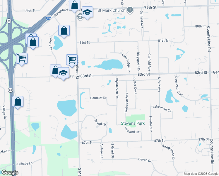 map of restaurants, bars, coffee shops, grocery stores, and more near 8321 Waterview Drive in Burr Ridge