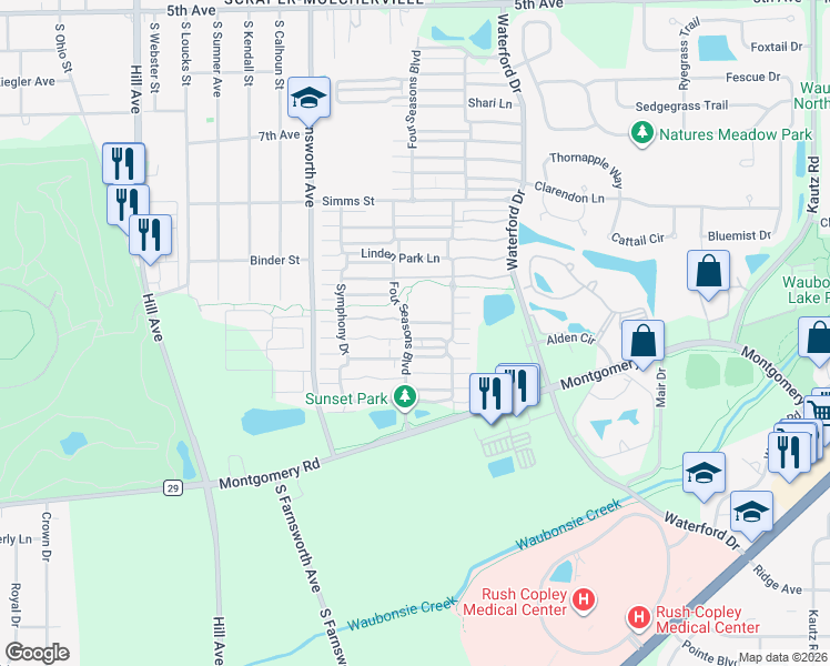 map of restaurants, bars, coffee shops, grocery stores, and more near 951 Four Seasons Boulevard in Aurora
