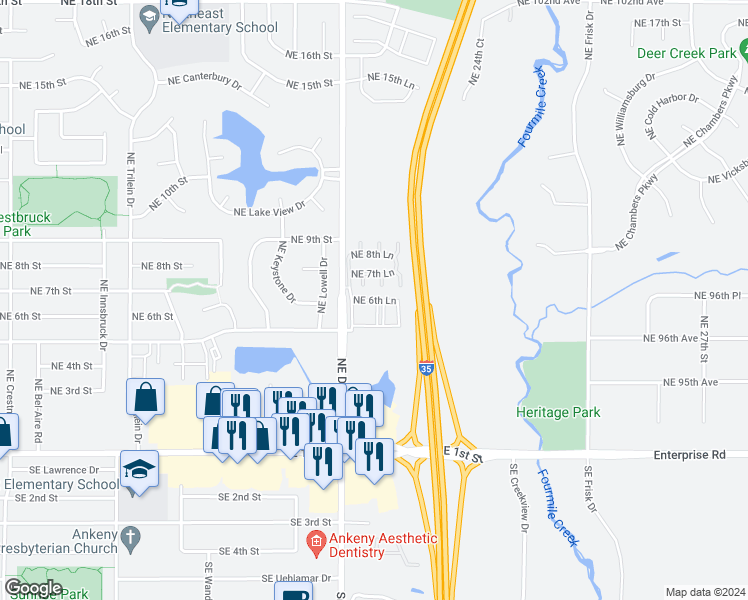 map of restaurants, bars, coffee shops, grocery stores, and more near 1110 Northeast 6th Lane in Ankeny