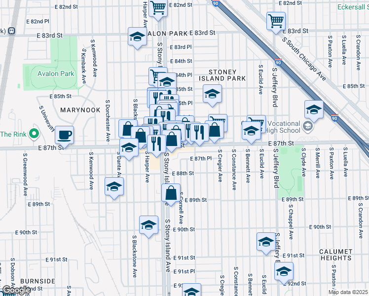 map of restaurants, bars, coffee shops, grocery stores, and more near 1641 East 87th Street in Chicago