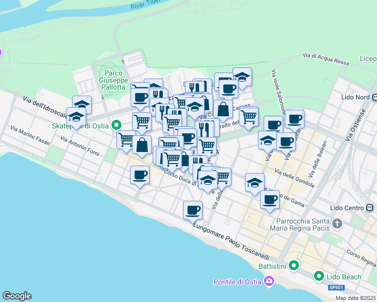 map of restaurants, bars, coffee shops, grocery stores, and more near 10 Viale Alfredo Zambrini in Lido di Ostia