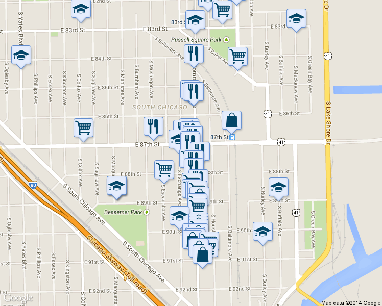map of restaurants, bars, coffee shops, grocery stores, and more near 8716 S Commercial Ave in Chicago