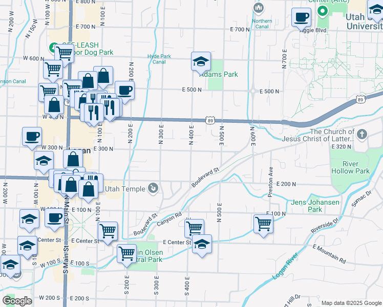 map of restaurants, bars, coffee shops, grocery stores, and more near 290 North 400 East in Logan