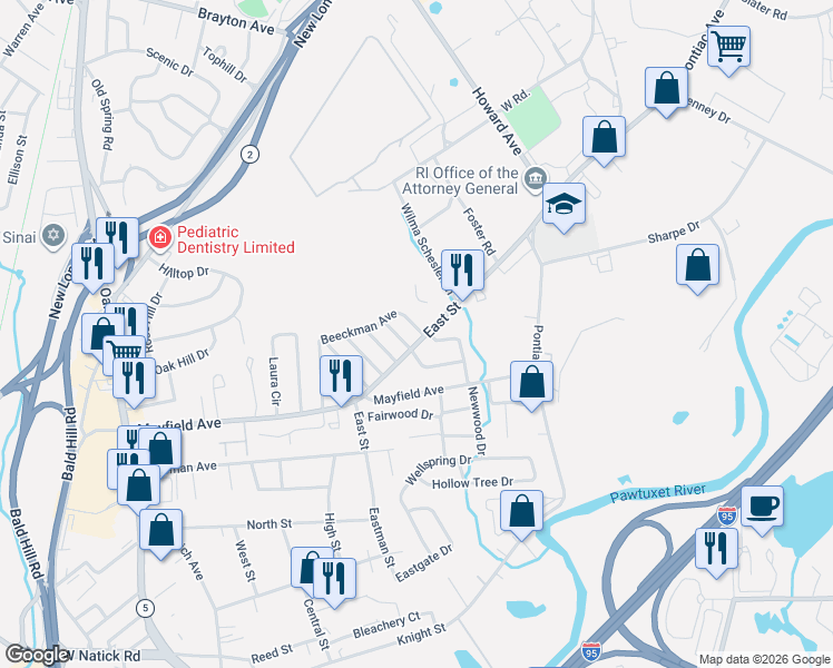 map of restaurants, bars, coffee shops, grocery stores, and more near 25 Fyffe Avenue in Cranston
