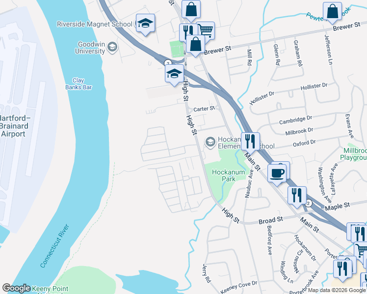 map of restaurants, bars, coffee shops, grocery stores, and more near 2 Colonial Park Road in East Hartford