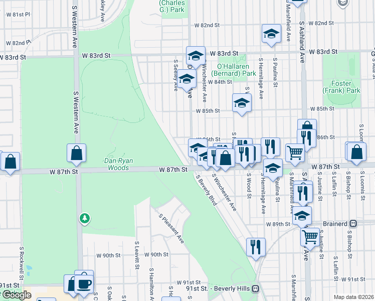 map of restaurants, bars, coffee shops, grocery stores, and more near 2011 West 86th Street in Chicago