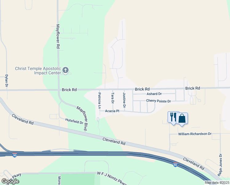 map of restaurants, bars, coffee shops, grocery stores, and more near 23101-23157 Brick Road in South Bend
