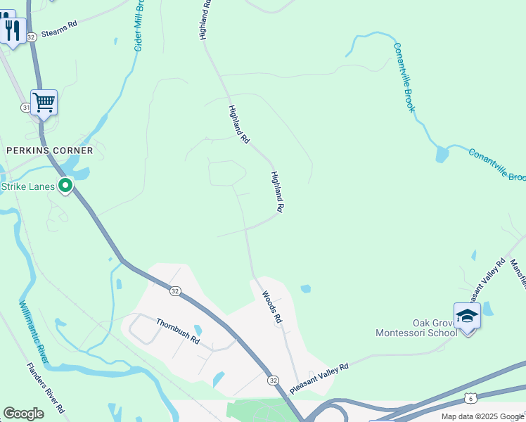 map of restaurants, bars, coffee shops, grocery stores, and more near 45 Highland Road in Mansfield