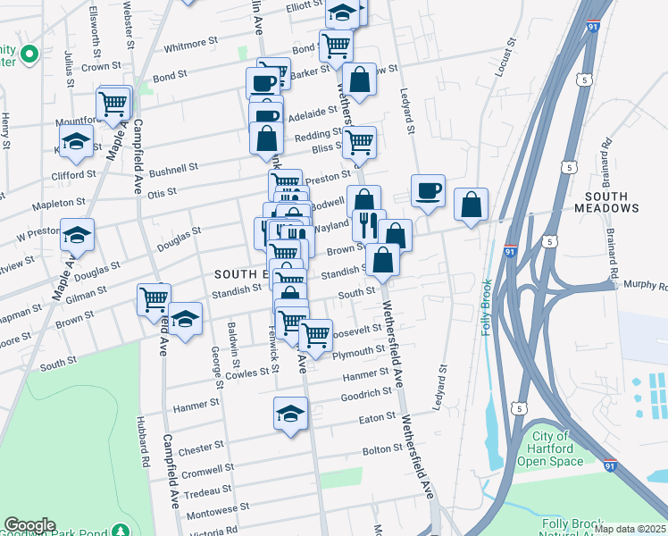 map of restaurants, bars, coffee shops, grocery stores, and more near 40 Brown Street in Hartford