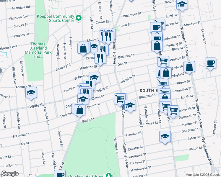 map of restaurants, bars, coffee shops, grocery stores, and more near 169 Campfield Avenue in Hartford