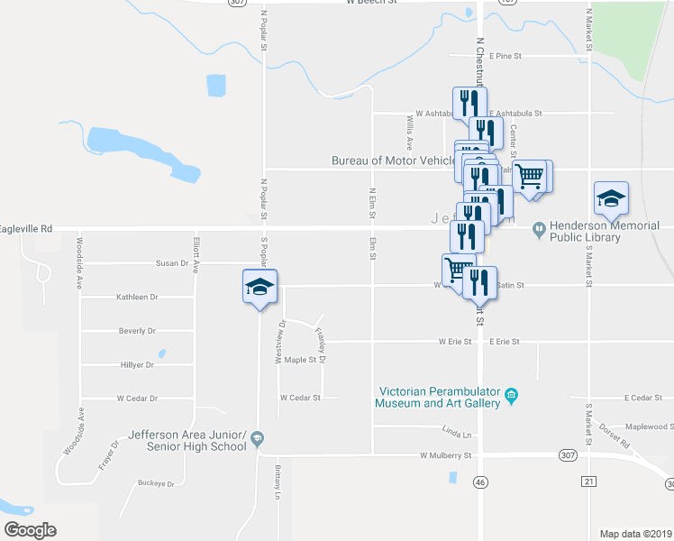 map of restaurants, bars, coffee shops, grocery stores, and more near 144 West Jefferson Street in Jefferson