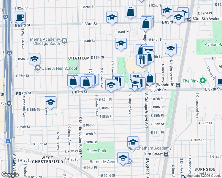 map of restaurants, bars, coffee shops, grocery stores, and more near 538 East 86th Place in Chicago