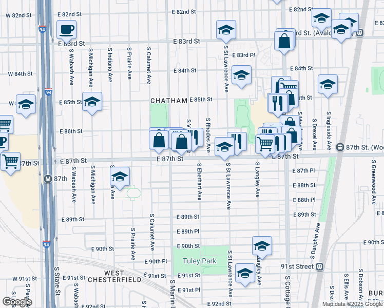 map of restaurants, bars, coffee shops, grocery stores, and more near 8626 South Rhodes Avenue in Chicago