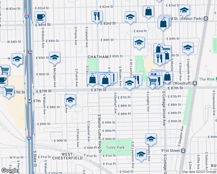 map of restaurants, bars, coffee shops, grocery stores, and more near 8626 South Vernon Avenue in Chicago