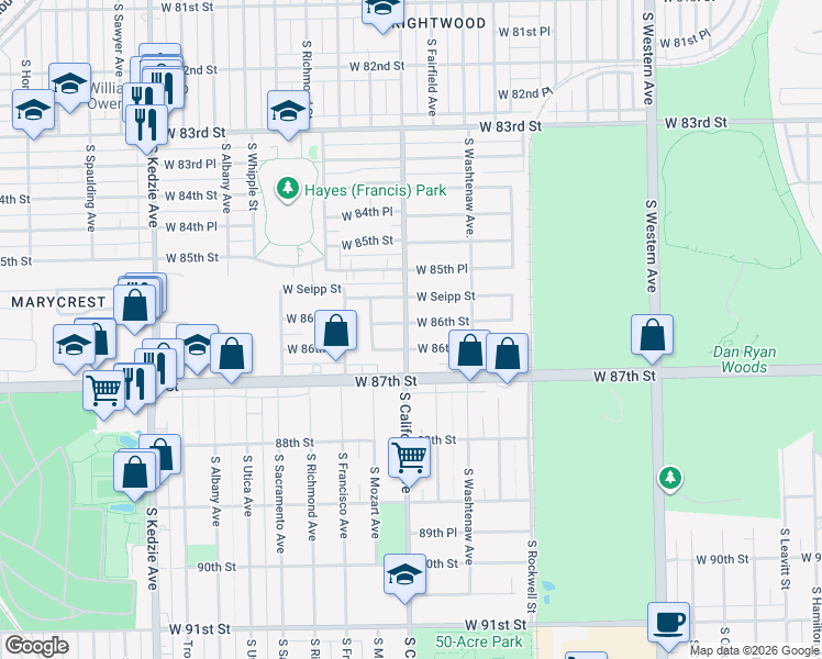 map of restaurants, bars, coffee shops, grocery stores, and more near 2743 West Seipp Street in Chicago