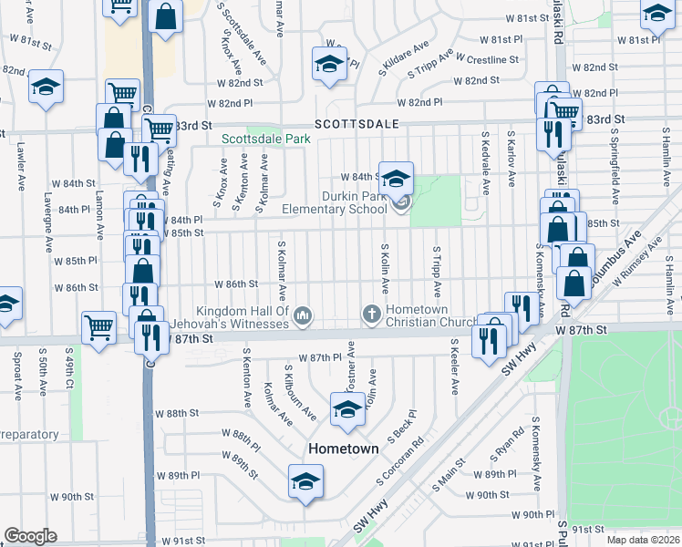 map of restaurants, bars, coffee shops, grocery stores, and more near 8525 South Kenneth Avenue in Chicago