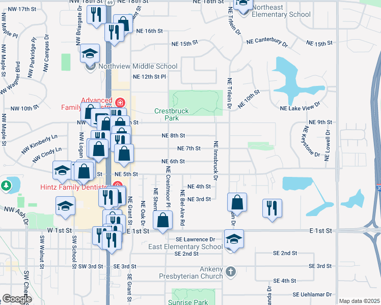 map of restaurants, bars, coffee shops, grocery stores, and more near 417 Northeast 8th Street in Ankeny