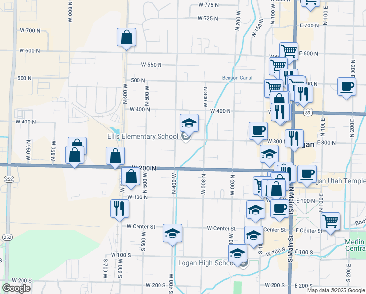 map of restaurants, bars, coffee shops, grocery stores, and more near 348 West 300 North in Logan