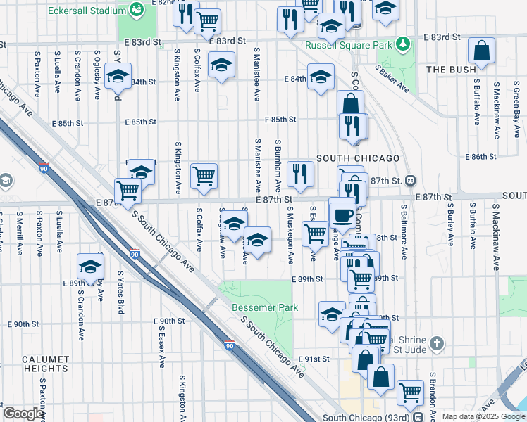 map of restaurants, bars, coffee shops, grocery stores, and more near 8714 South Manistee Avenue in Chicago