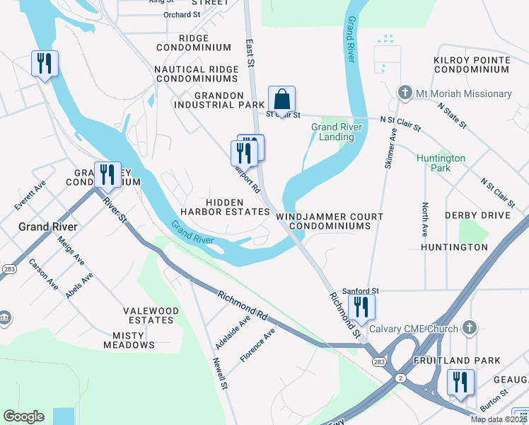 map of restaurants, bars, coffee shops, grocery stores, and more near 624 Hidden Harbor Drive in Fairport Harbor