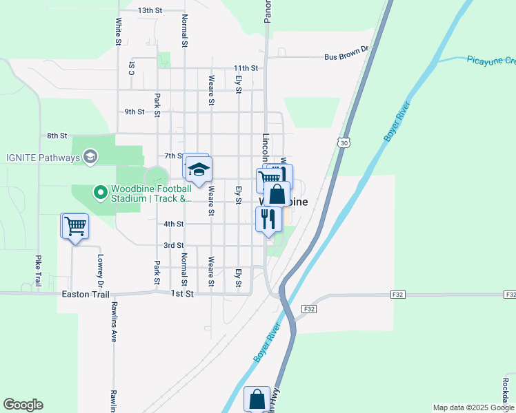 map of restaurants, bars, coffee shops, grocery stores, and more near 58 5th Street in Woodbine