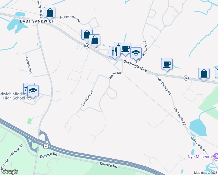 map of restaurants, bars, coffee shops, grocery stores, and more near 1 Crestview Drive in Sandwich