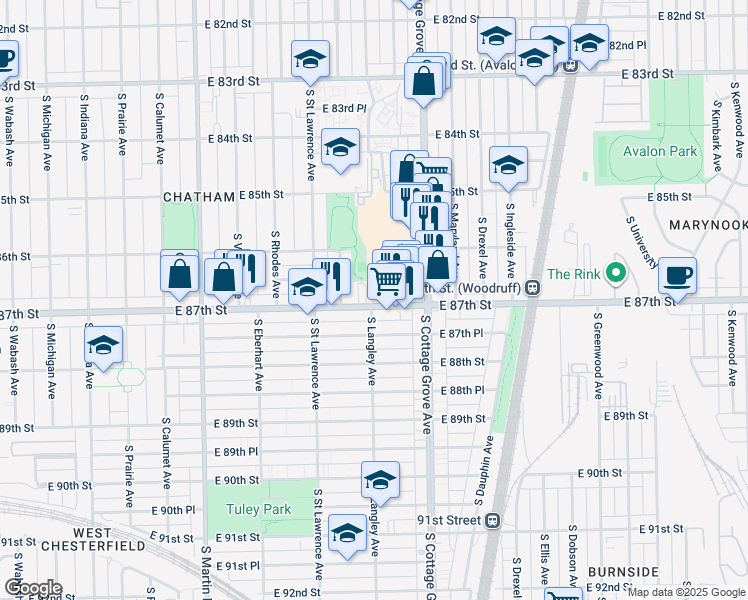 map of restaurants, bars, coffee shops, grocery stores, and more near 644 East 87th Street in Chicago