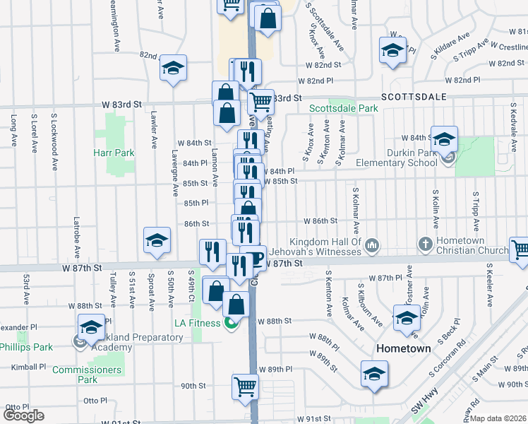 map of restaurants, bars, coffee shops, grocery stores, and more near 8512 Illinois 50 in Burbank