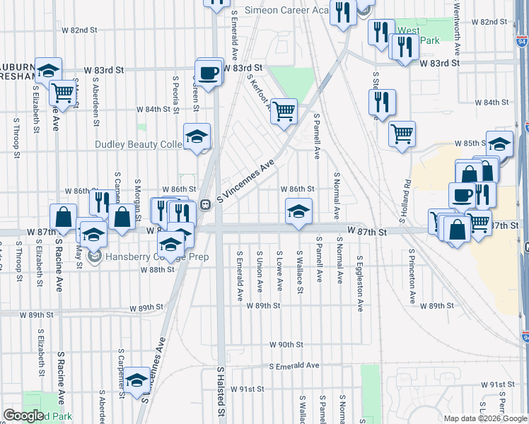 map of restaurants, bars, coffee shops, grocery stores, and more near 8610 South Lowe Avenue in Chicago