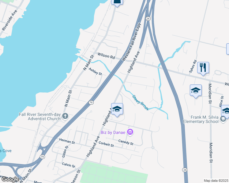 map of restaurants, bars, coffee shops, grocery stores, and more near 2618 Highland Avenue in Fall River