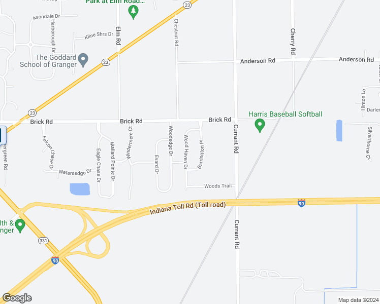 map of restaurants, bars, coffee shops, grocery stores, and more near 52138 Wood Haven Drive in Granger