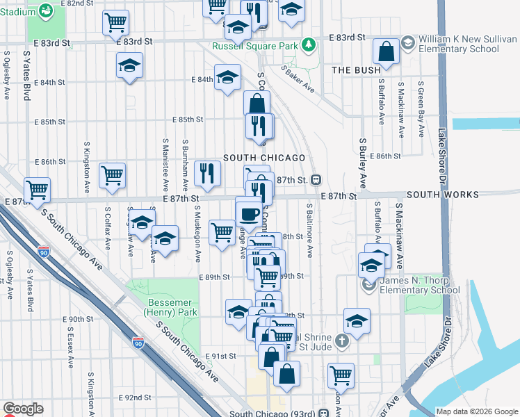 map of restaurants, bars, coffee shops, grocery stores, and more near 8739 South Exchange Avenue in Chicago