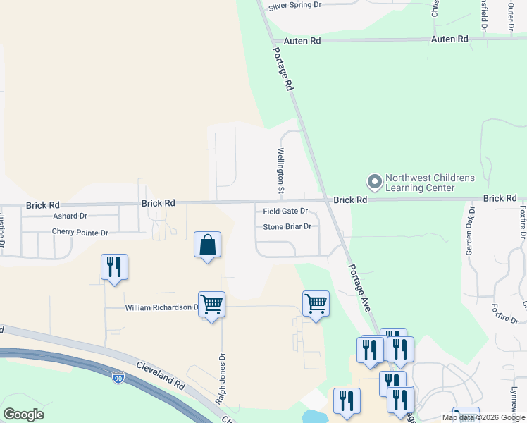 map of restaurants, bars, coffee shops, grocery stores, and more near 3457 Field Gate Drive in South Bend