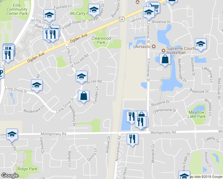 map of restaurants, bars, coffee shops, grocery stores, and more near 1078 Pheasant Run Lane in Aurora