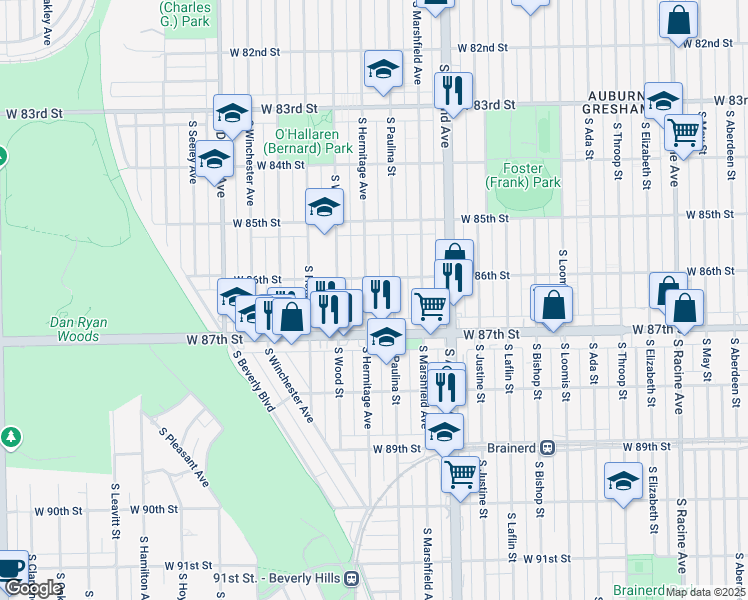 map of restaurants, bars, coffee shops, grocery stores, and more near 1709 West 86th Street in Chicago