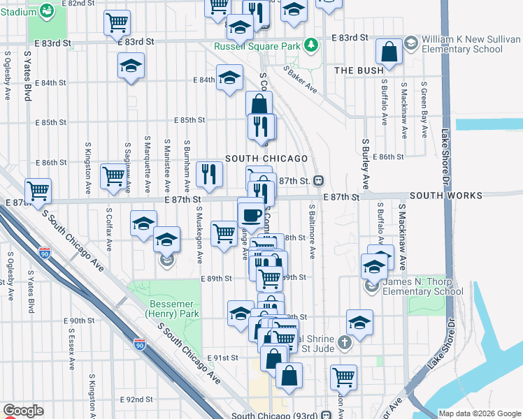 map of restaurants, bars, coffee shops, grocery stores, and more near 8739 South Exchange Avenue in Chicago