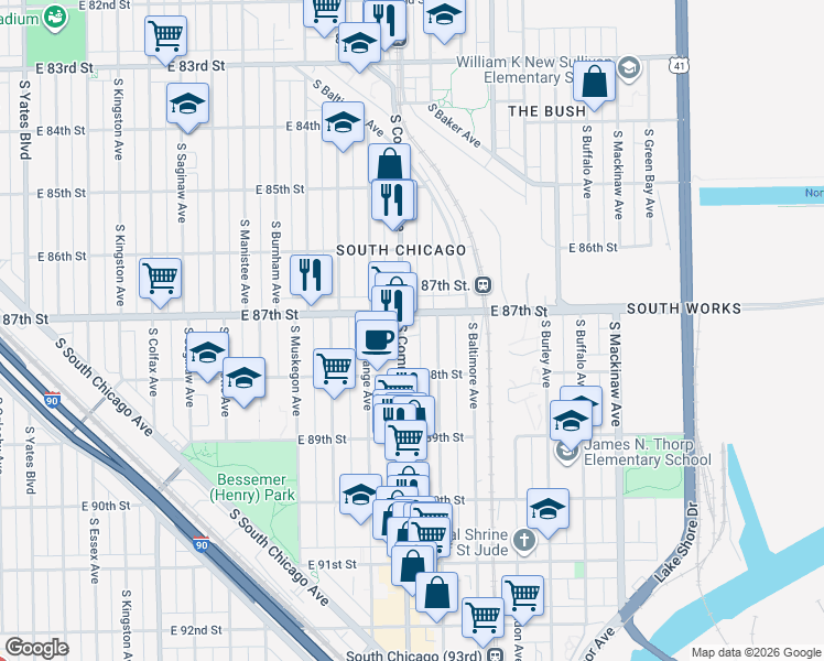 map of restaurants, bars, coffee shops, grocery stores, and more near 3020 East 87th Street in Chicago
