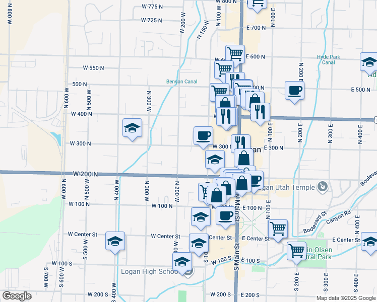 map of restaurants, bars, coffee shops, grocery stores, and more near 149 West 300 North in Logan