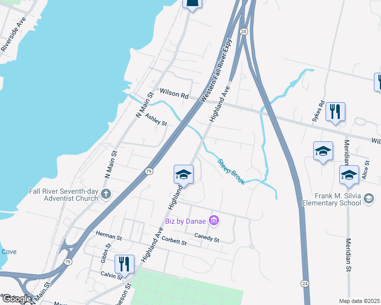 map of restaurants, bars, coffee shops, grocery stores, and more near 2618 Highland Avenue in Fall River